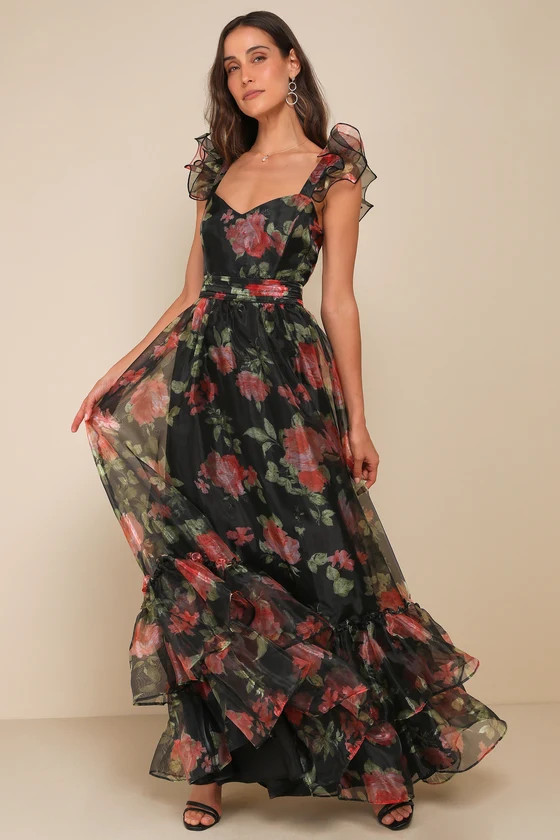 Befitting Glamour Black Floral Organza Ruffled Tiered Maxi Dress | Lulus