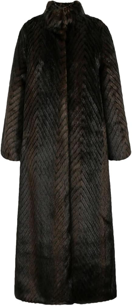 Women Winter Extra Long Thick Warm Elegant Striped Fluffy Stand Collar Maxi Overcoat Faux Mink Fu... | Amazon (US)