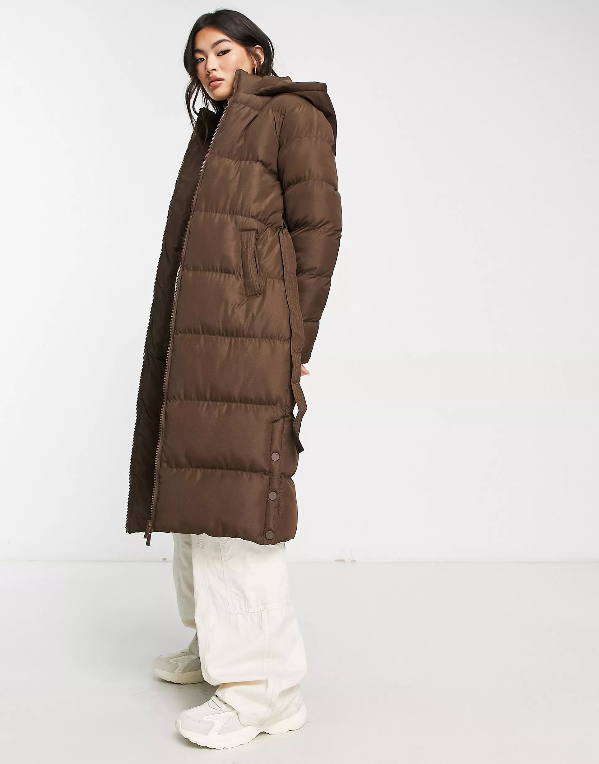 Threadbare Addison maxi belted puffer coat in chocolate brown | ASOS (Global)