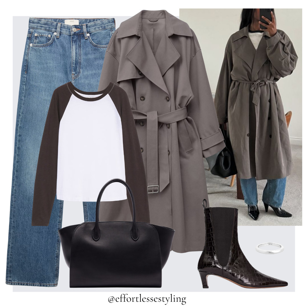 Casual Autumn outfit. 

Greige trench coat, brown and white long sleeve baseball t-shirt, blue straight leg relaxed jeans, dark brown croc effect leather heeled ankle boots, black leather tote bag, silver ring. 

 #LTKuk #LTKautumn #LTKjeans
