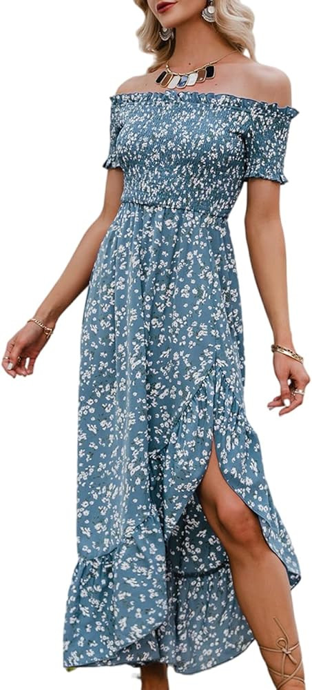 Vintagton Women’s Embroidered Off The Shoulder White Ruffle Maxi Dresses Boho Long Dress | Amazon (US)