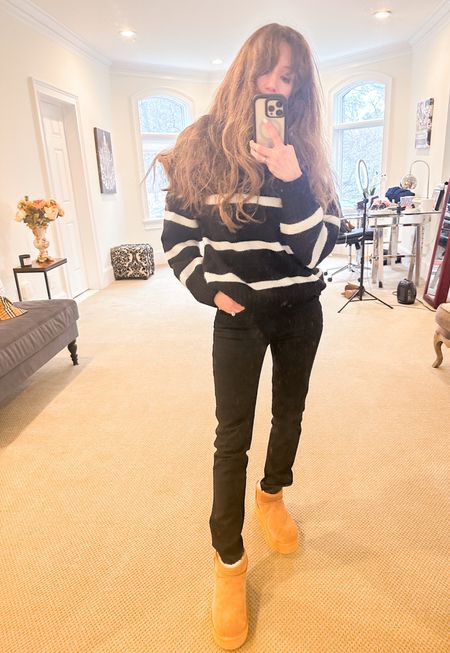 Platform shearling boots for less! 🖤 easy black denim with Stripes winter outfit!! 

#LTKshoecrush #LTKSeasonal #LTKfindsunder50