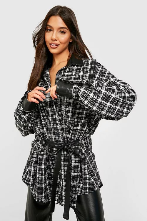 Faux Leather Trim Boucle Shacket | Boohoo.com (US & CA)