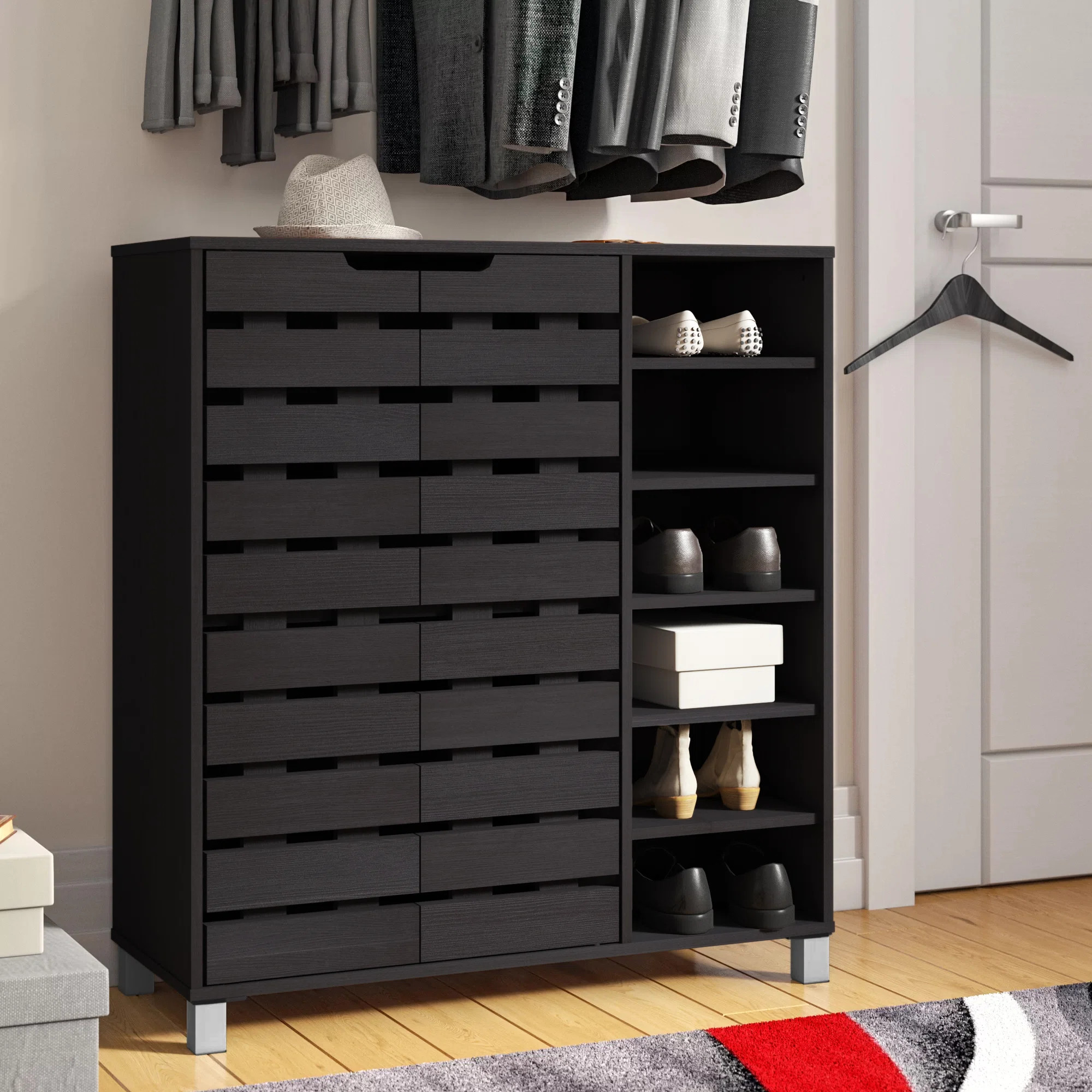 Wirt Modern and Contemporary 2 Door Wood 18 Pair Shoe Cabinet with Open Shelves | Wayfair North America
