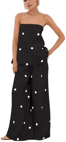 calbatic Women Polka Dot 2 Piece Outfits Spot Strapless Tube Top High Waist Wide Leg Pants Casual... | Amazon (US)