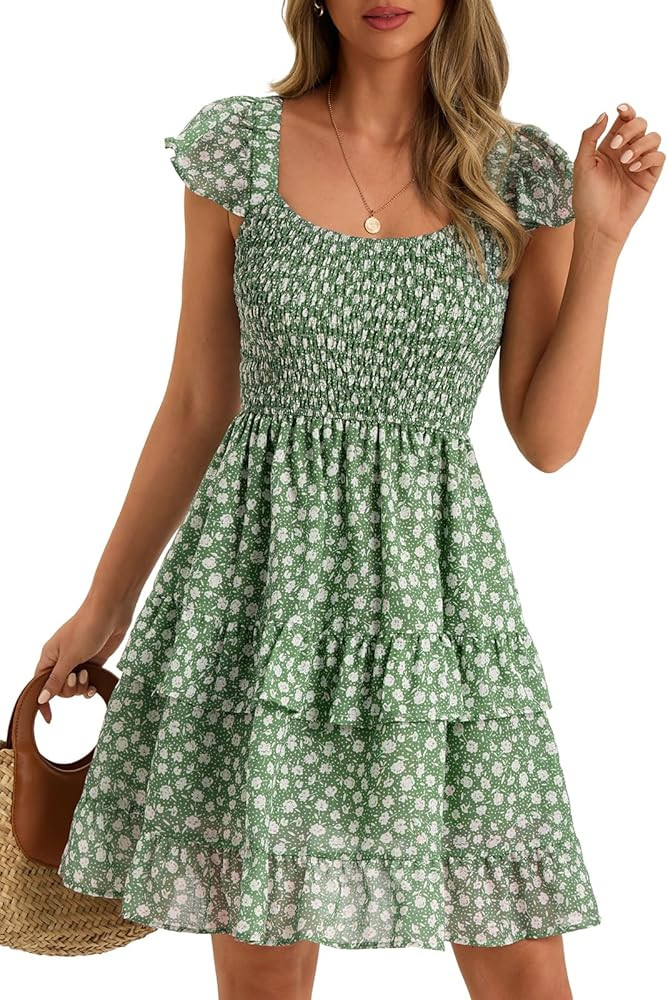 Women Summer Dresses Casual Boho Smocked Ruffle Sun Beach Babydoll Mini Dress Layered Flowy Swing... | Amazon (US)