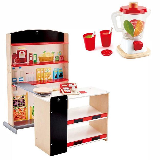 Hape Pop Up Grocery Shop Pretend Play Set Bundle with Kids Fruit Smoothie Blender Kids Wooden Pre... | Target