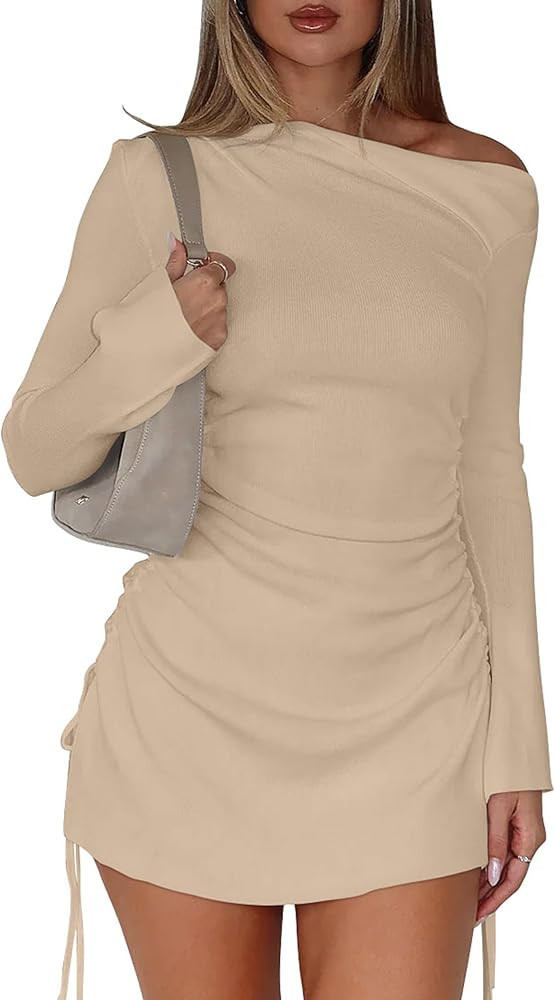 BEAGIMEG Women's Sexy Bodycon Long Sleeves Flared Sleeves One Shoulder Side Split Ruched Club Par... | Amazon (US)