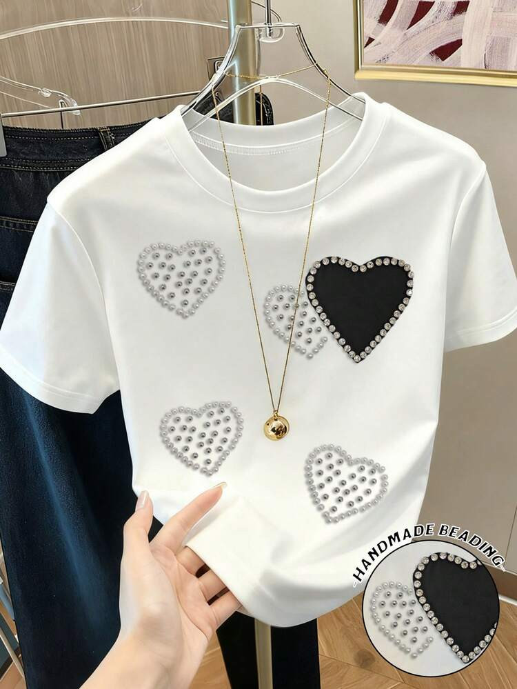 Resyla Women's Heart Studded Rhinestone Decor Round Neck T-Shirt | SHEIN