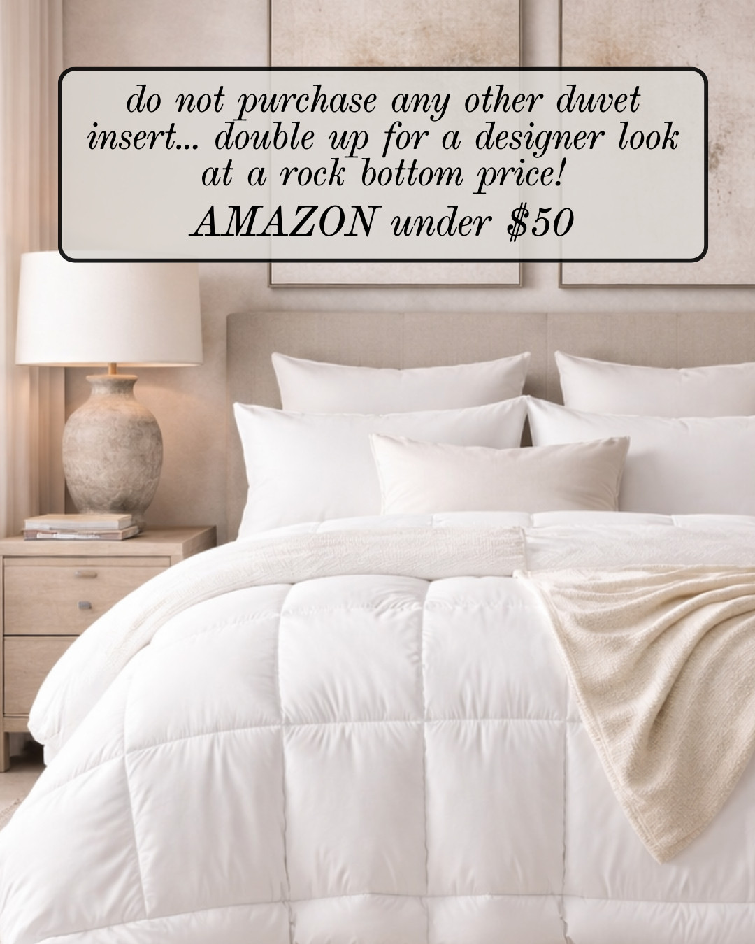 Must Have — DESIGNER LOOK DUVET INSERT! Do not purchase another DUVET INSERT without trying this one. I always DOUBLE UP for that full, plush, HIGH-END hotel look and it’s UNDER $50 on AMAZON. Fluffy, structured, and the easiest way to elevate your entire bed instantly.

#Amazon #TheHillaryStyle #AmazonHome #BedroomRefresh #DesignerLookForLess #LuxuryForLess #HotelStyle #NeutralHome #HomeEssentials #ElevatedLiving 

 #LTKU #LTKOver40 #LTKHome
