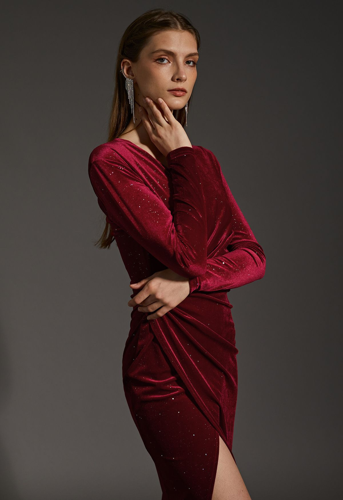 Glittery Velvet Wrap Midi Dress in Burgundy | Chicwish