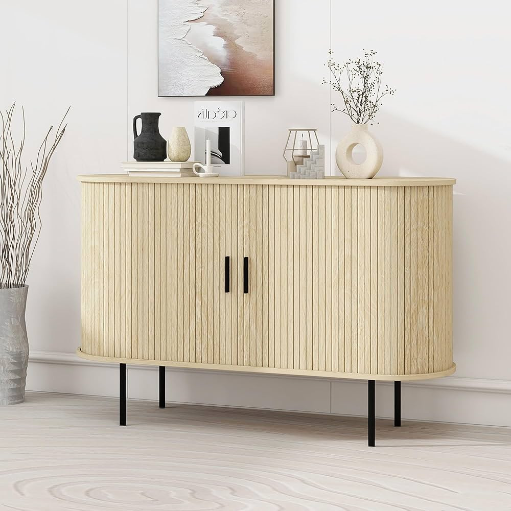 47.2" Fluted Storage Cabinet with Sliding Tambour Doors, Oval Buffet Sideboard Cabinet with Stora... | Amazon (US)