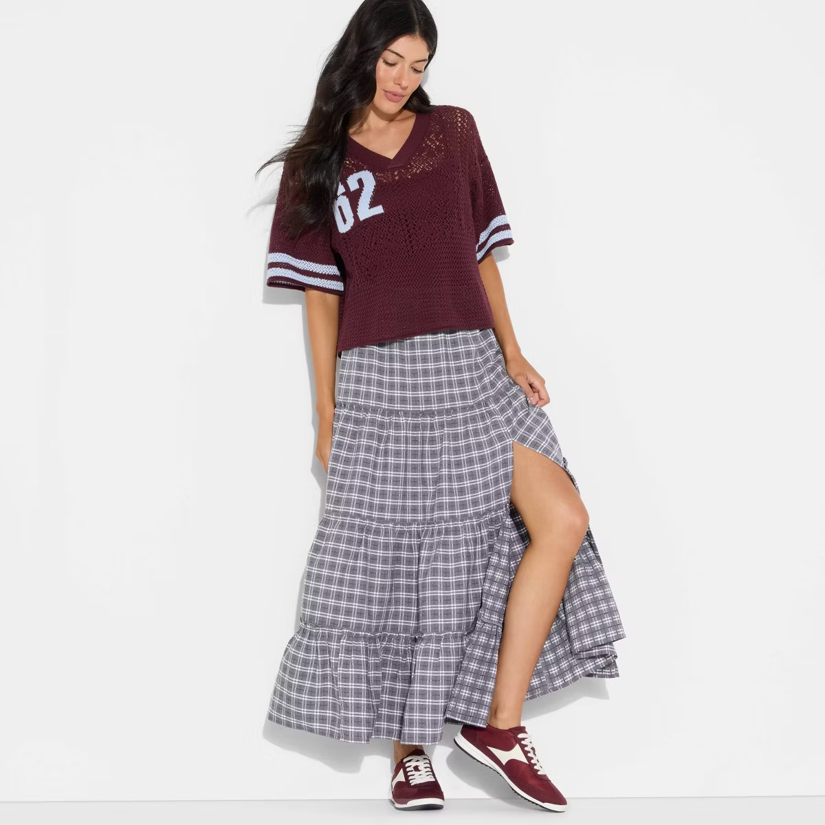Women's Tiered Maxi A-Line Skirt - Wild Fable™ Gray Plaid XS | Target