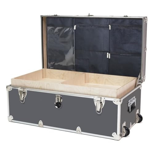 Large Essential Trunk With Wheels, Tray, & Lid Organizer - 32"x18"x14", 1000+ lbs Capacity. Strong, USA Made Summer Camp Footlocker, and Secure College Dorm Storage Chest (Camp and College, Slate) | Amazon (US)