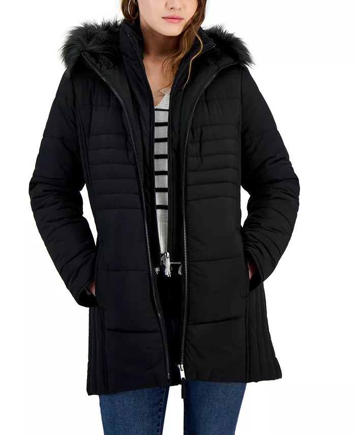 Juniors' Bibbed Faux-Fur-Hooded Puffer Coat | Macy's
