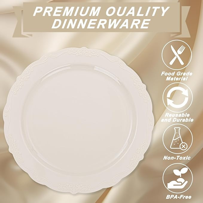 U-QE 100 Pieces Ivory Thanksgiving Plastic Plates for Party - Ivory Disposable Plastic Plates - H... | Amazon (US)