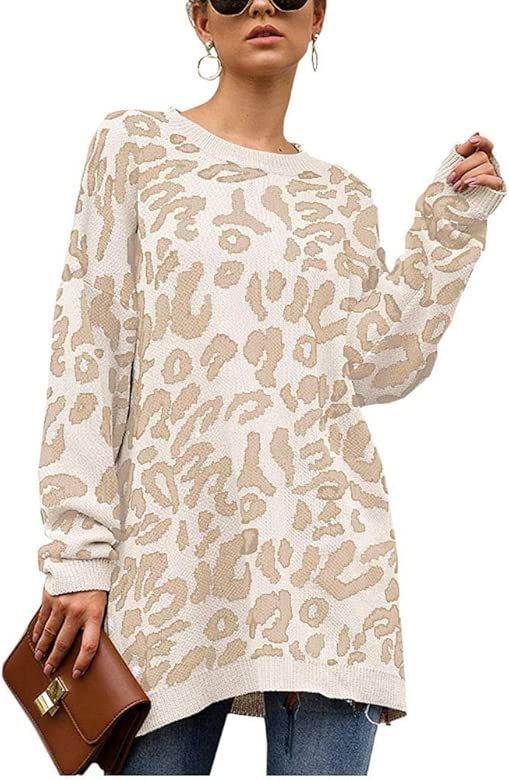 Womens Leopard Print Sweater Casual Long Sleeve Round Neck Oversized Tops | Amazon (US)