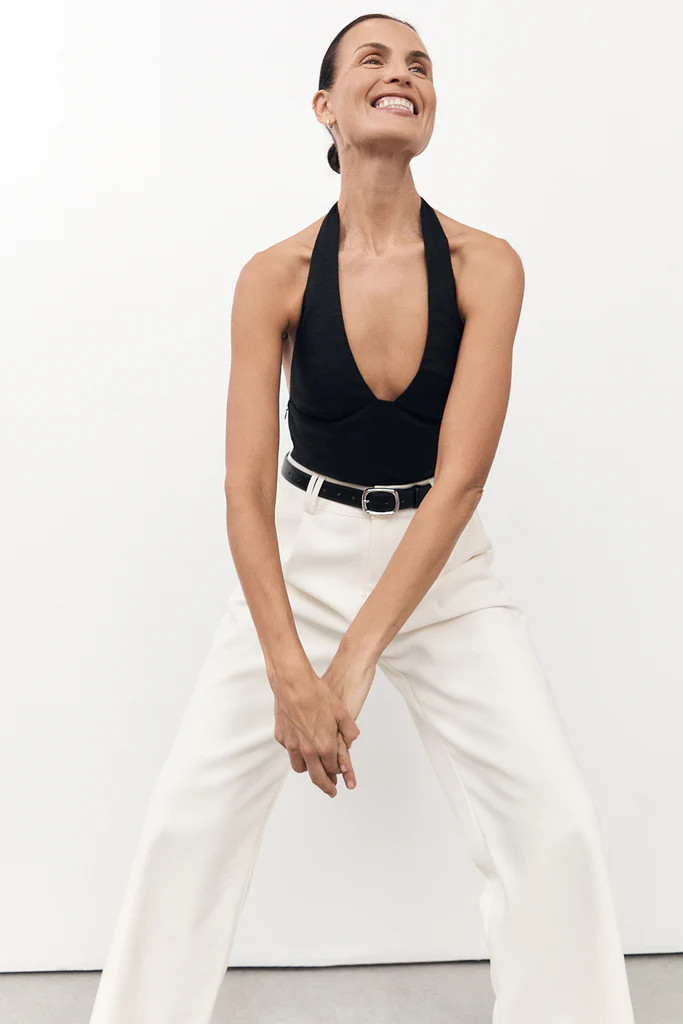 AUDREY BLACK LINEN HALTER TOP | DISSH