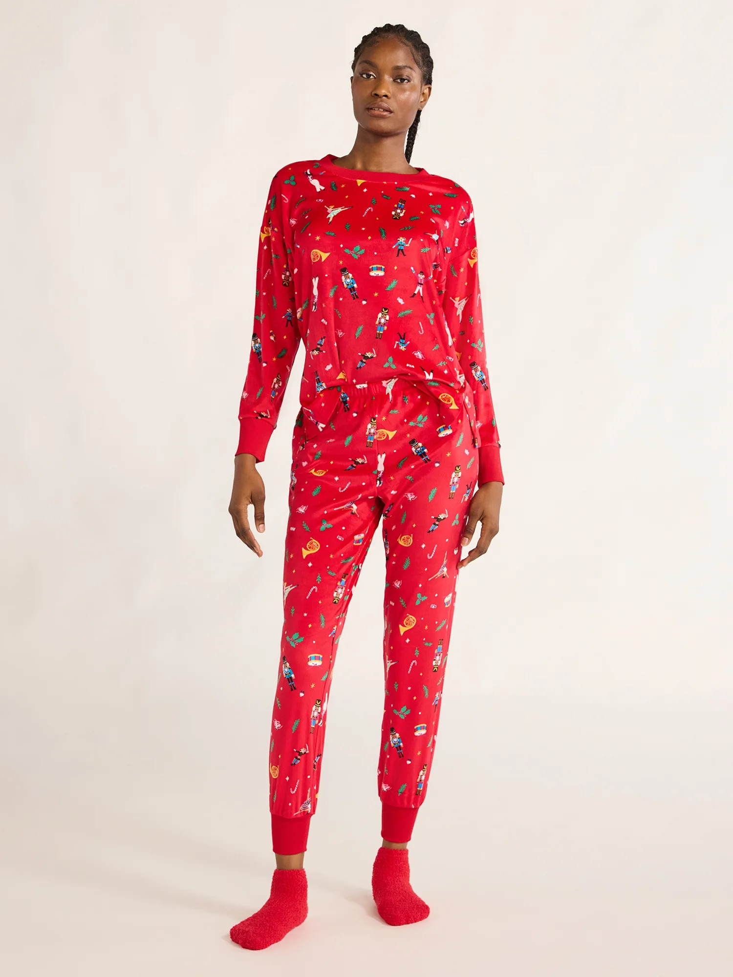 Joyspun Women's Stretch Velour Pajama Set with Socks, 3-Piece, Sizes XS-3X | Walmart (US)