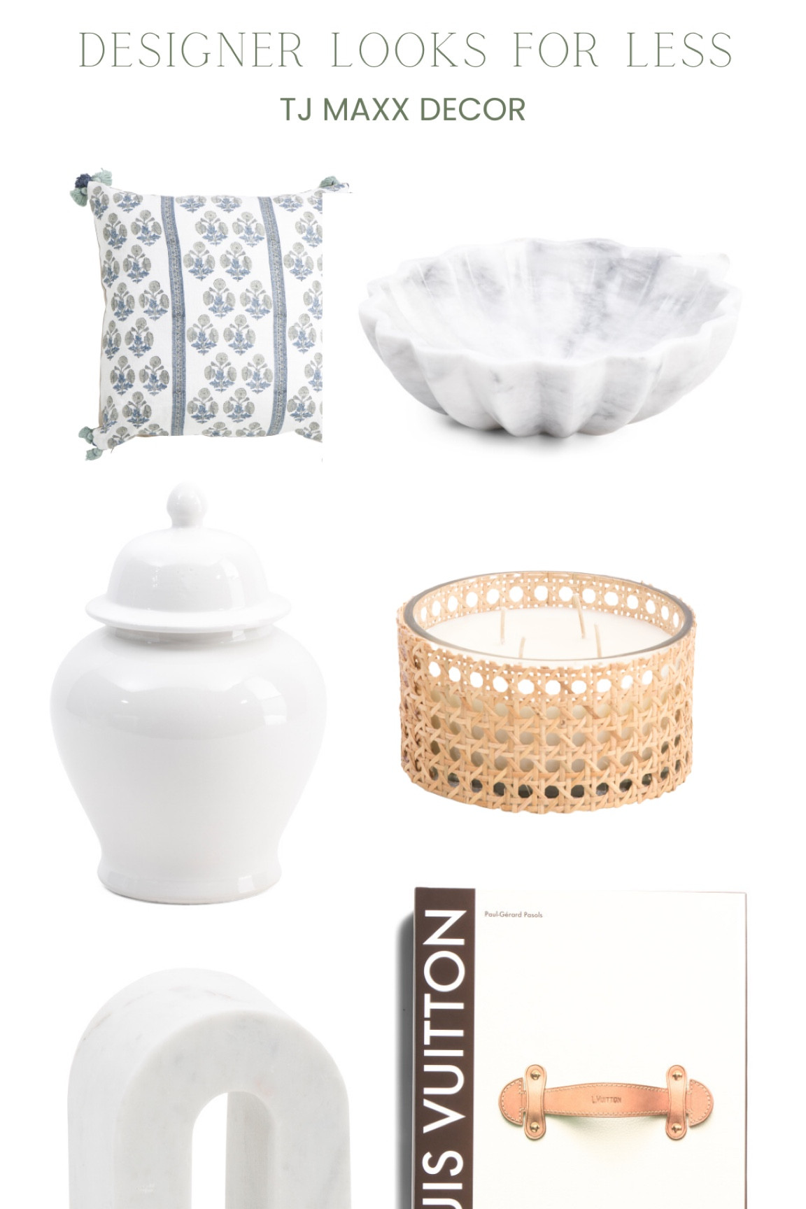 Designer decor for less, marble fluted bowl, white ginger jar, tassel pillow, Louis Vuitton coffee table book, marble book end 

#LTKhome #LTKSale #LTKunder100