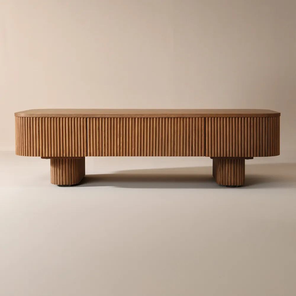 Hernest | 55 Inch Bianca Wood Coffee Tables with Grille Legs and 2 Drawers for Living Room | Hernest