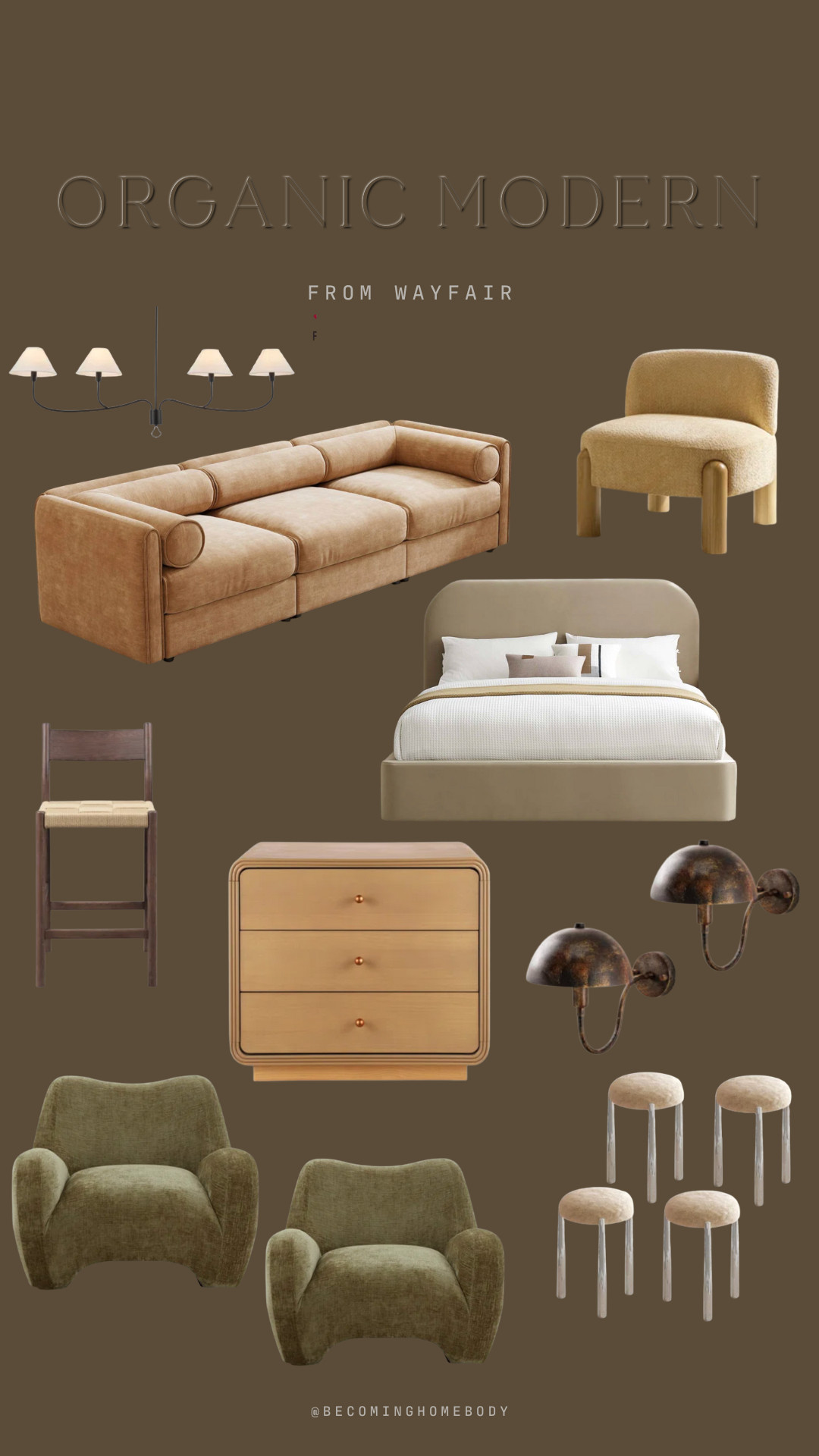 Organic modern furniture, Wayfair home finds, neutral modern decor, cozy modern living room, tan velvet sofa, boucle accent chair, minimal modern home, curved furniture design, earthy home aesthetic, organic modern bedroom, sculptural lighting, mid-century modern wall sconce, textured accent chairs, warm tone interiors, neutral wood furniture, minimalist home design, timeless furniture pieces, organic modern trend, Wayfair living room decor. 

 #LTKHome #LTKStyleTip