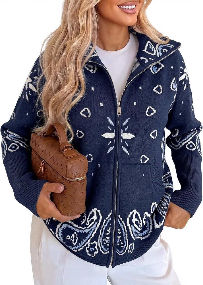 Cicy Bell Women Zip Up Cardigan Sweater Stand Collar Knit Printed Sweater | Amazon (US)