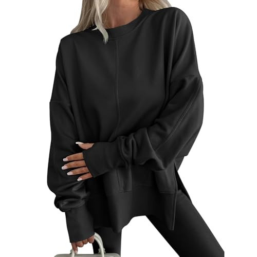 Womens Oversized Sweatshirts Crewneck Long Sleeve Side Split Sweatshirt Casual Solid Color Loose Pullover Fall Tops Black | Amazon (US)