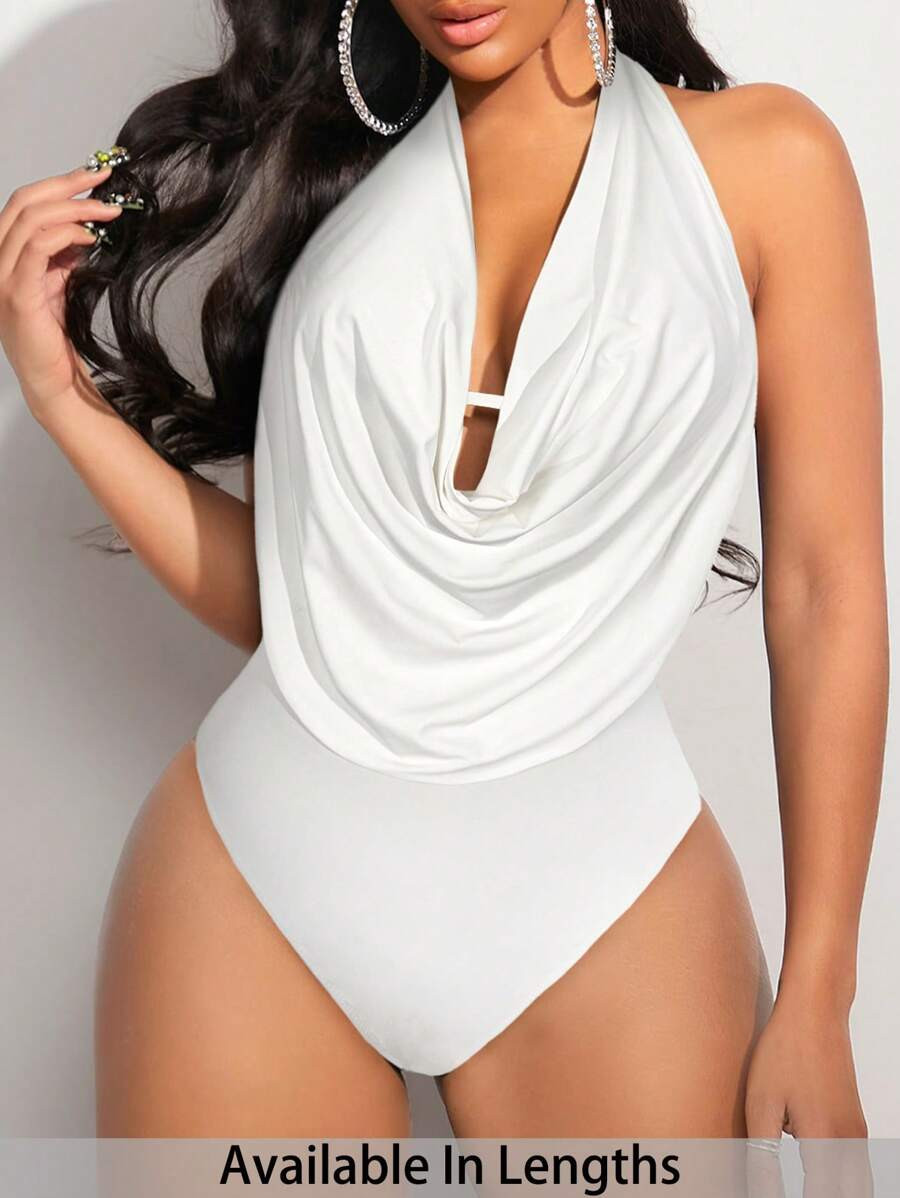 SHEIN PETITE CURVE Plus Size White Knitted Halter Bodysuit, Sleeveless Cowl Neck Knot Detail Body... | SHEIN