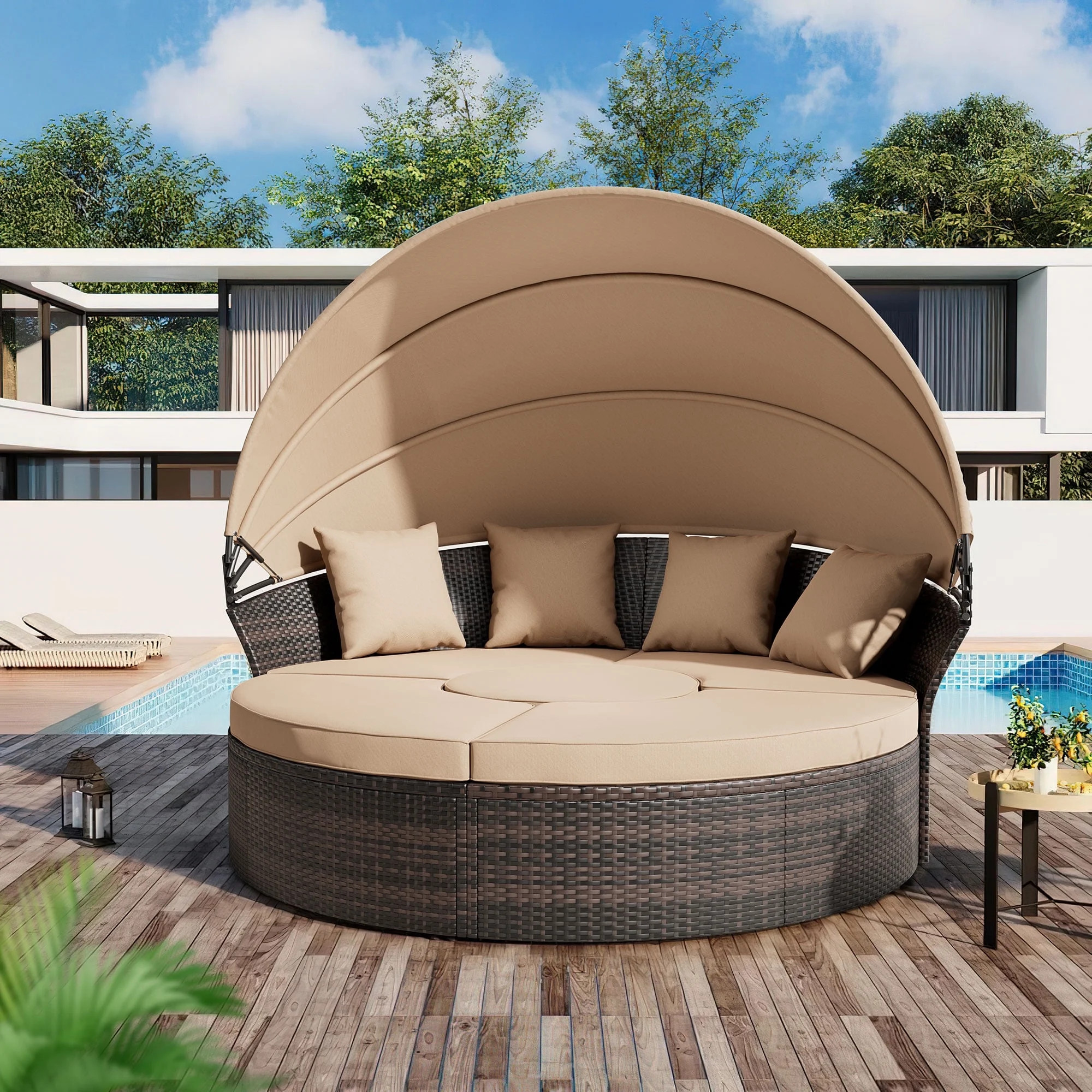 SUNCROWN Outdoor Patio Round Daybed with Retractable Canopy, Brown Wicker Furniture Clamshell Sec... | Walmart (US)