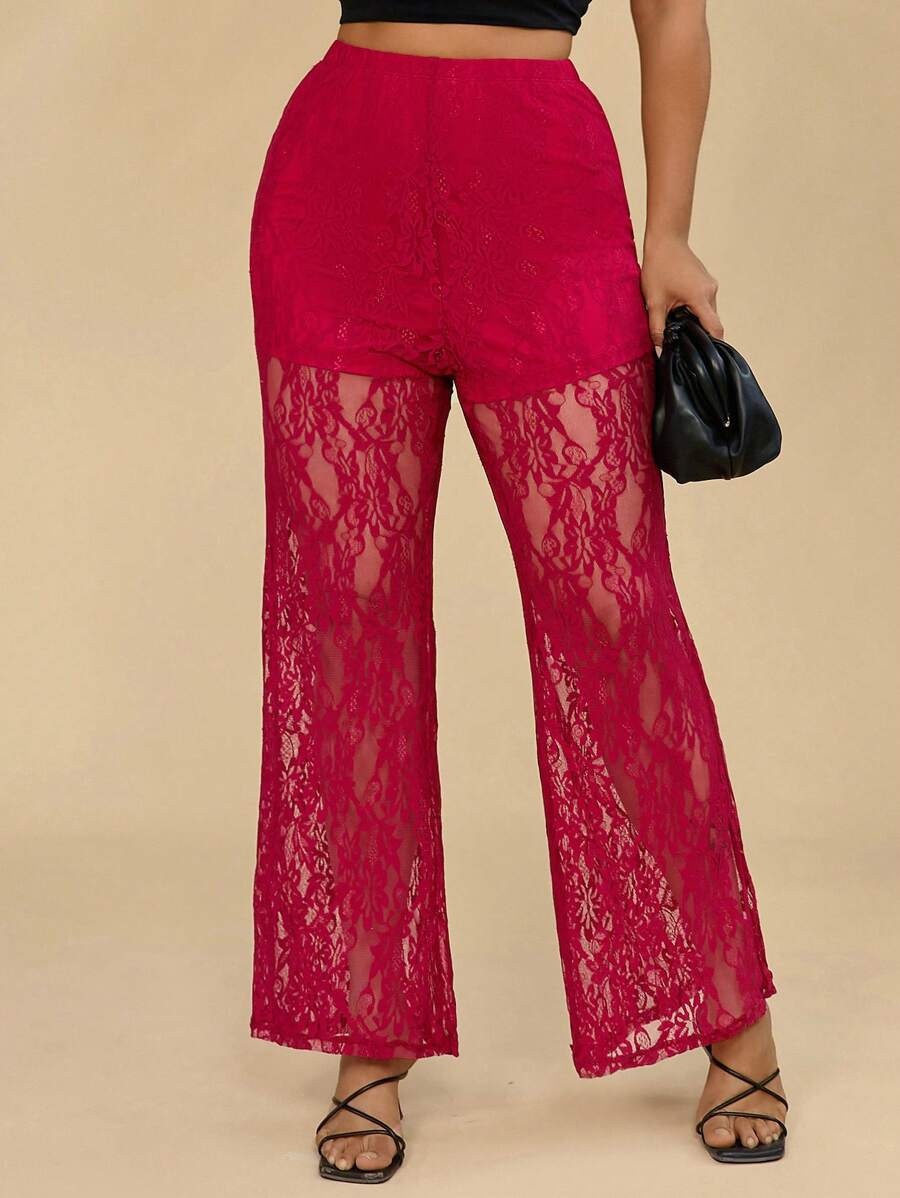 SHEIN VCAY Plus Size Women Lace Trim High Waist Flare Leg Pants, Vacation Style | SHEIN