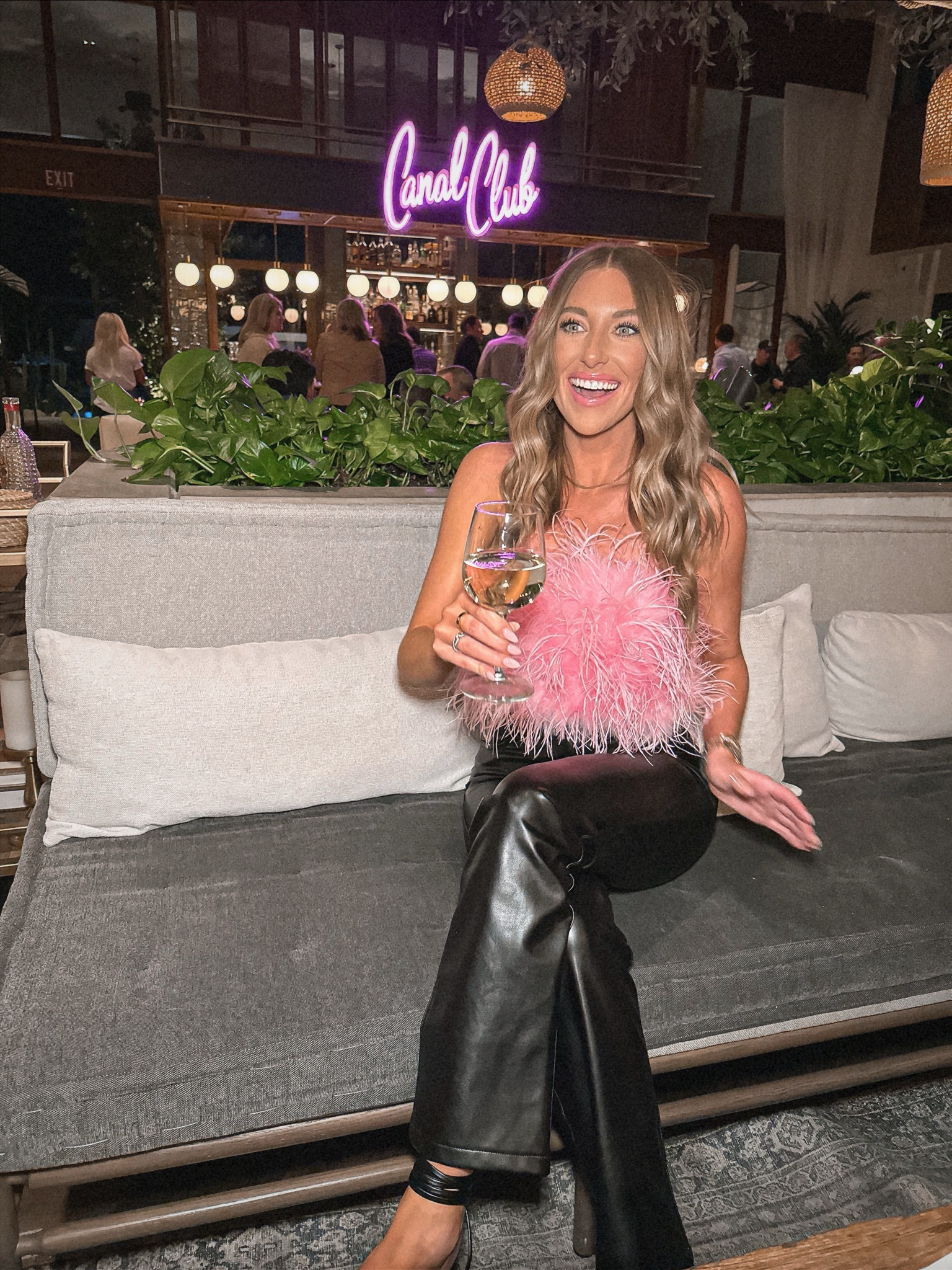 Birthday outfit, Vegas outfit, date night outfit, pink top, leather leggings, Amazon black heels 