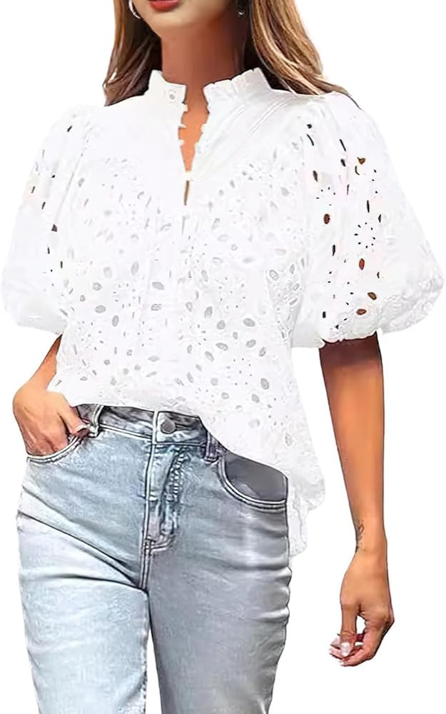 hathne Women's Embroidered Eyelet Blouses Tops Summer V Neck Hollow Out Lantern Short Sleeve Shir... | Amazon (US)