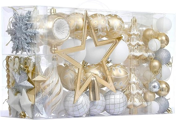 Valery Madelyn Christmas Ball Ornaments, 100ct White and Gold Shatterproof Christmas Tree Decorat... | Amazon (US)