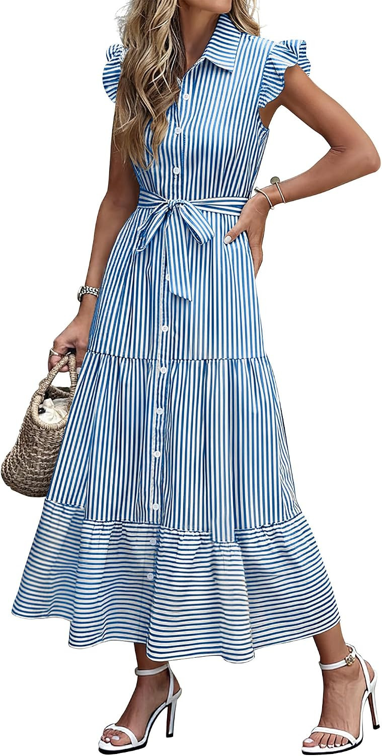 Caracilia Womens Summer Casual Ruffle Cap Sleeve Maxi Dress Button Down Striped Plaid Tie Waist Vacation Long Shirt Dresses | Amazon (US)