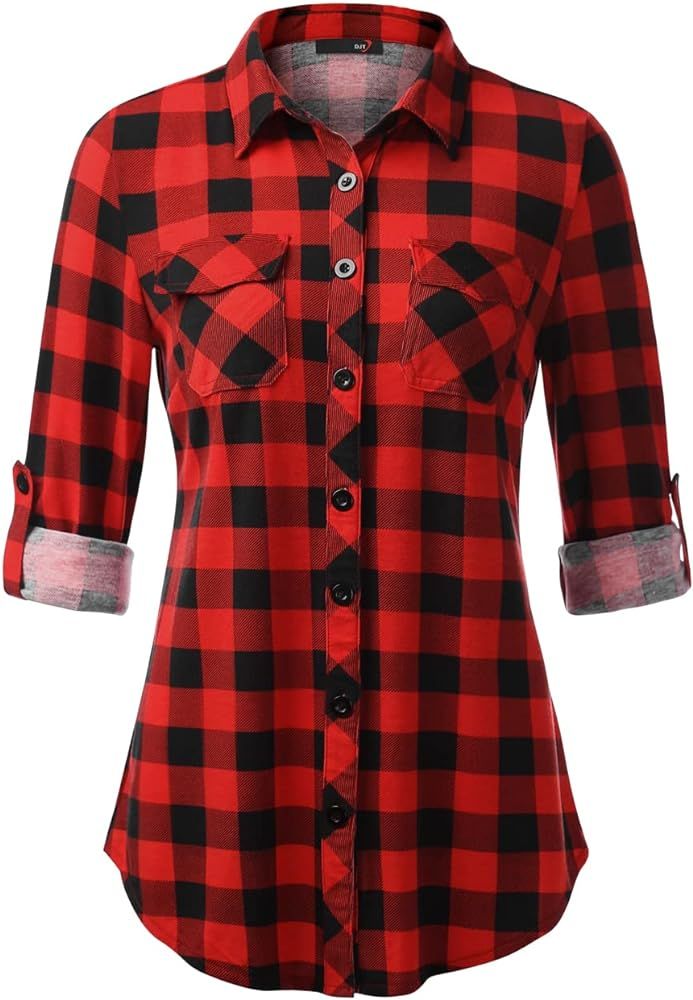 DJT Womens Soft Stretchy Plaid Shirts Roll Up Long Sleeve Collared Button Down Blouses | Amazon (US)
