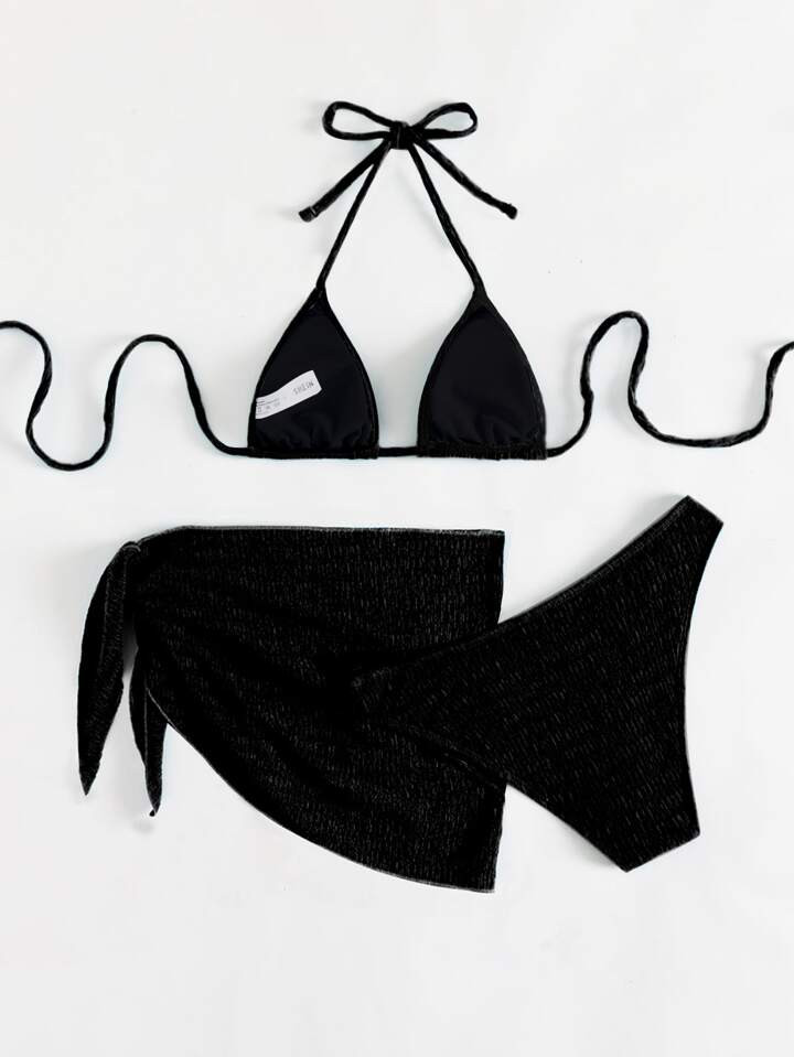 Smocked Bikini Set Halter Triangle Bra Top & Hipster Bikini Bottom &  Skirt 3 Piece Bathing Suit | SHEIN