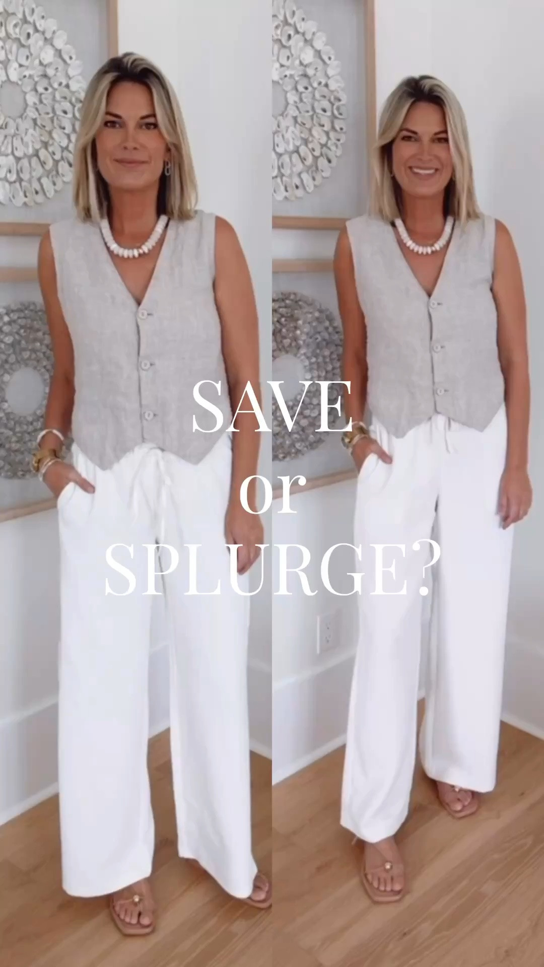 Save or splurge wide leg pants. I am 5’11” in the small tall and the small 31” inseam.  They’re quite similar but the save isn’t as wrinkle resistant as the splurge. Close close, not exact.  And a smidge more of a yellow white (the save) compared to the splurge.

#LTKOver40 #LTKTall #LTKootd