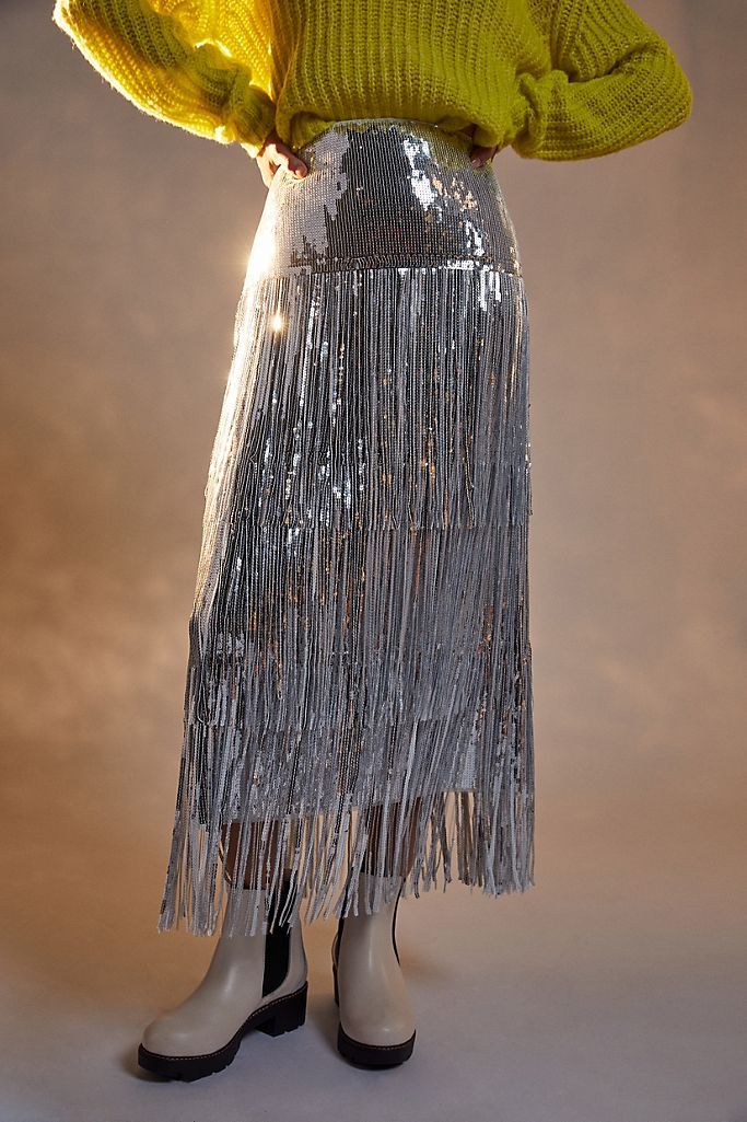 Tatiana Sequined Fringe Midi Skirt | Anthropologie (US)