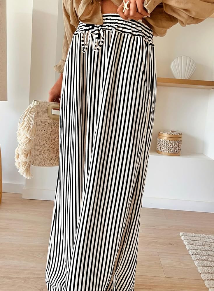 Acelitt Women Casual Drawstring Elastic Waist Striped Wide Leg Pants with Pockets, S-XXL | Amazon (US)