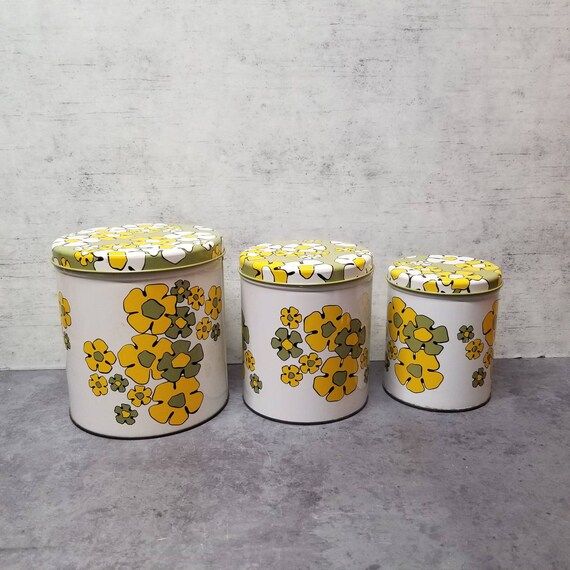 Vintage Ballonoff Green & Yellow Flower Tin Canister Set - Set of Three | Etsy (US)