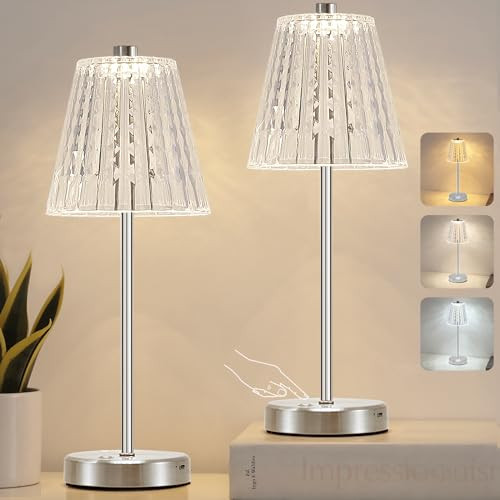 Cordless Table Lamps Set of 2, 6000mAh Battery Operated LED Silver Small Table Lamp 3 Color Stepless Dimming Up, Portable Rechargeable Touch Crystal Table Lamp For Restaurant/Bedroom/Bars/Coffee Shop | Amazon (US)