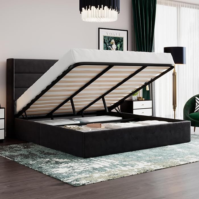 SHA CERLIN King Size Lift Up Storage Bed, Velvet Upholstered Platform Bed Frame, Black | Amazon (US)