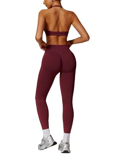 ABOCIW Workout Sets for Women Seamless High Waist Scrunch Butt Lifting Gym Leggings Yoga Pants Halter Sports Bra Yoga Exercise 2 Piece Outfits Burgendy Red X-Small | Amazon (US)