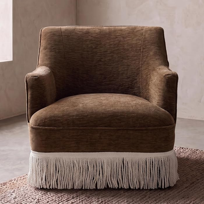 Vintage Accent Chair with Fringe Tassel Skirt, Warm Brown Upholstered Barrel Armchair, Cozy Singl... | Amazon (US)