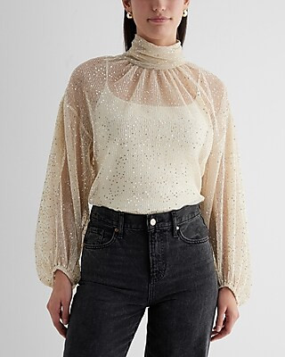 Sequin Mesh Mock Neck Long Sleeve Top | Express