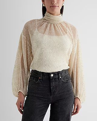 Sequin Mesh Mock Neck Long Sleeve Top | Express