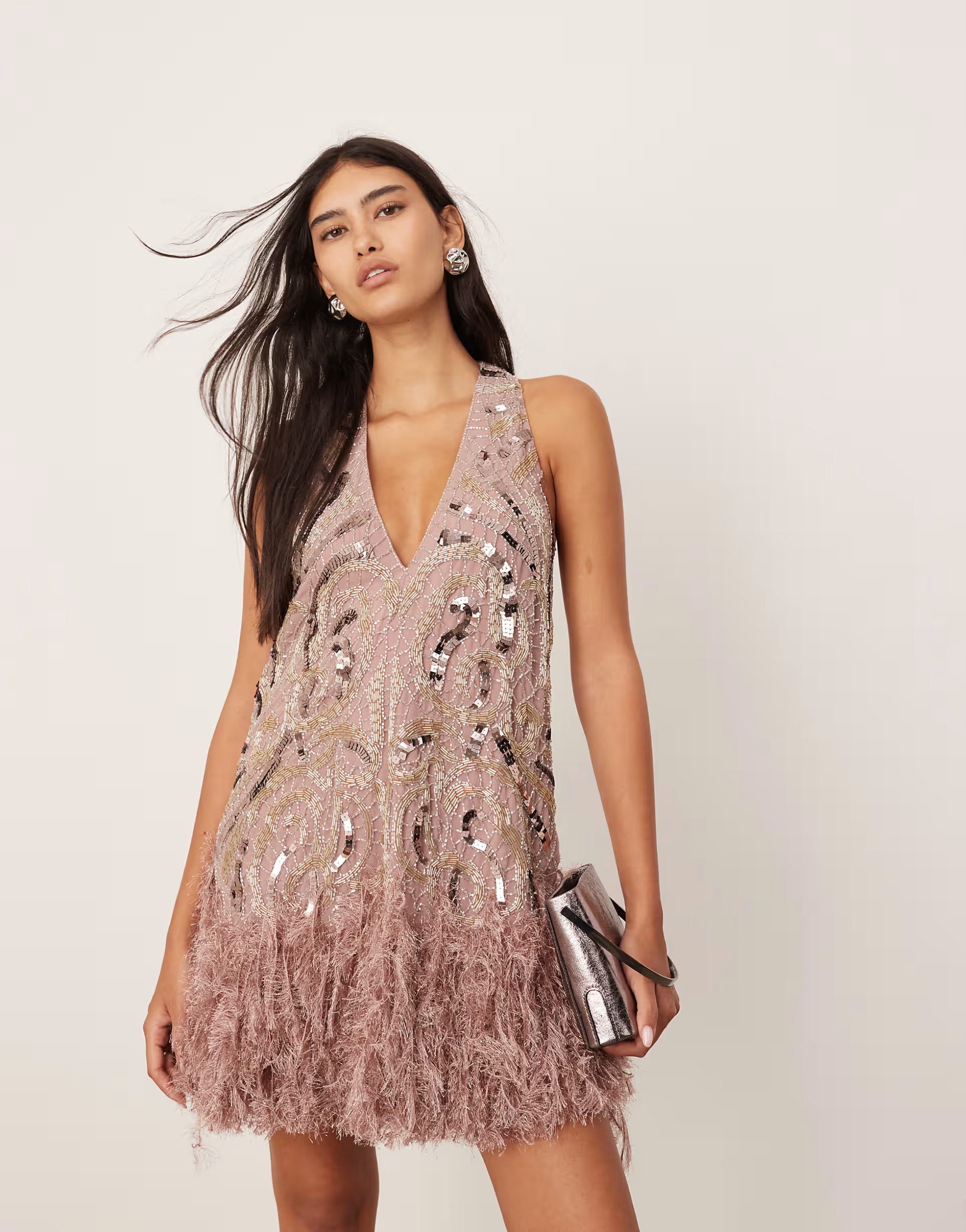 ASOS EDITION embellished plunge neck mini dress with faux feather hem in plum | ASOS | ASOS (Global)