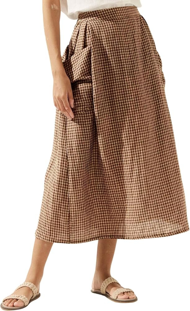 MISSACTIVER Plaid Skirts for Women Elastic Waist Midi Skirt with Pockets Vintage Flowy Gingham Lo... | Amazon (US)
