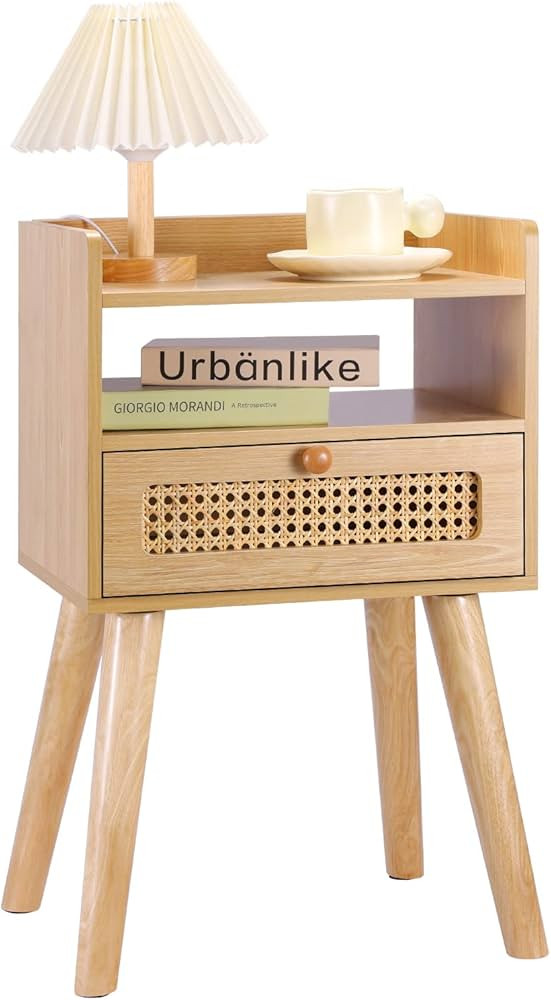 EOYUTLLY Rattan Nightstand Side Table with Storage Drawer and Open Shelf, Bedside Table for Solid... | Amazon (US)